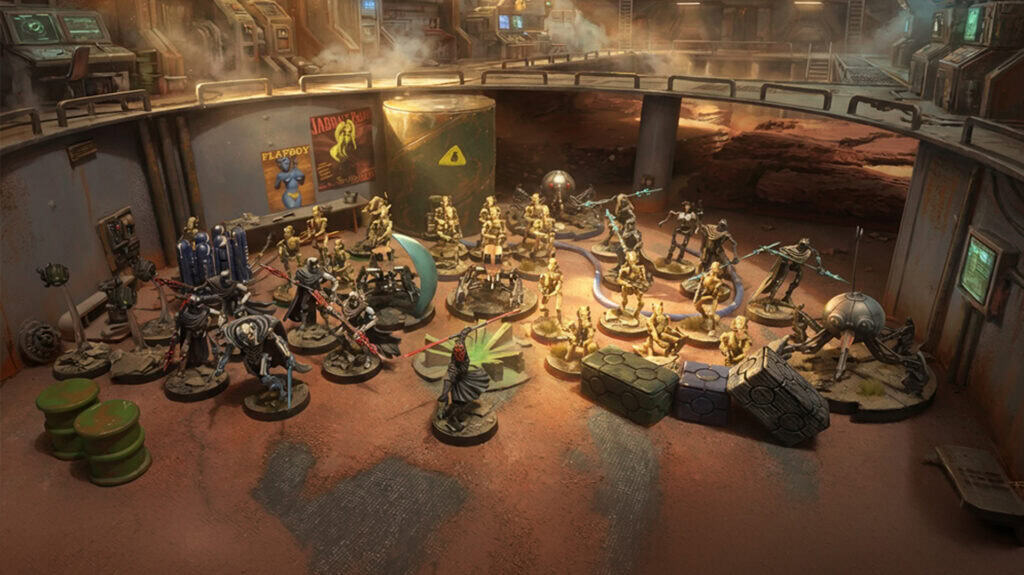 Armée Séparatiste avec Grievous, Maul et droïdes de combat B1 déployée dans un hangar industriel à Star Wars Legion