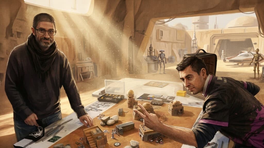 Joueurs de Star Wars Legion autour d'une table de jeu de figurines