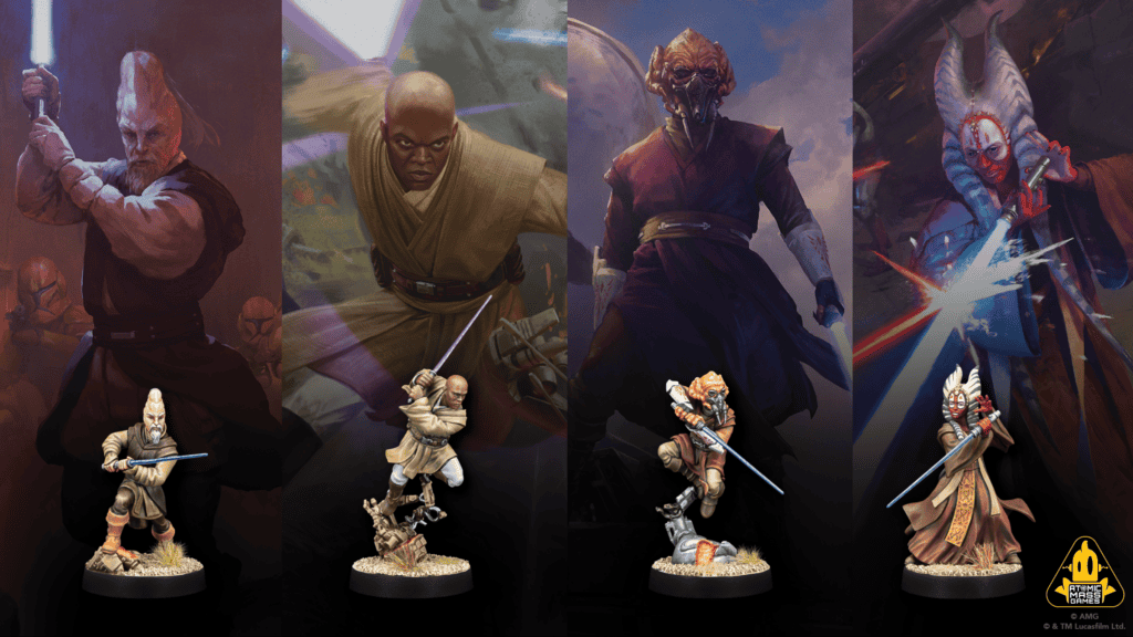 Conseil des Jedi Star Wars Legion, figurines Windu, Mundi, Plo Koon et Shaak Ti