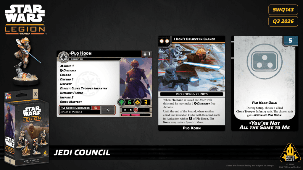 Plo Koon carte et figurine Star Wars Legion, Distract Deflect Shien Mastery