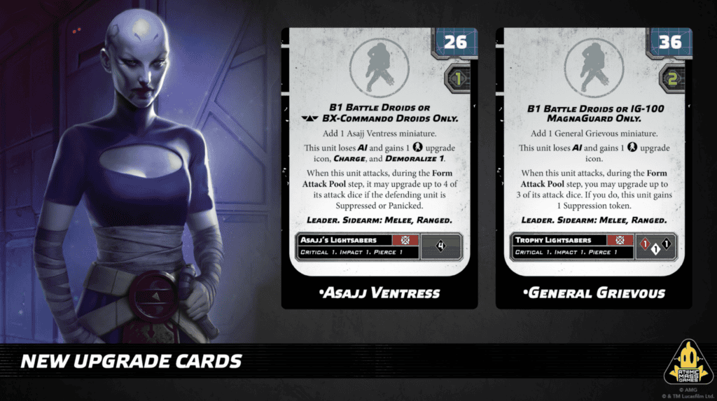 Cartes d'amélioration Asajj Ventress et Général Grievous intégrables aux B1 et BX Commando Droids dans le patch avril 2026