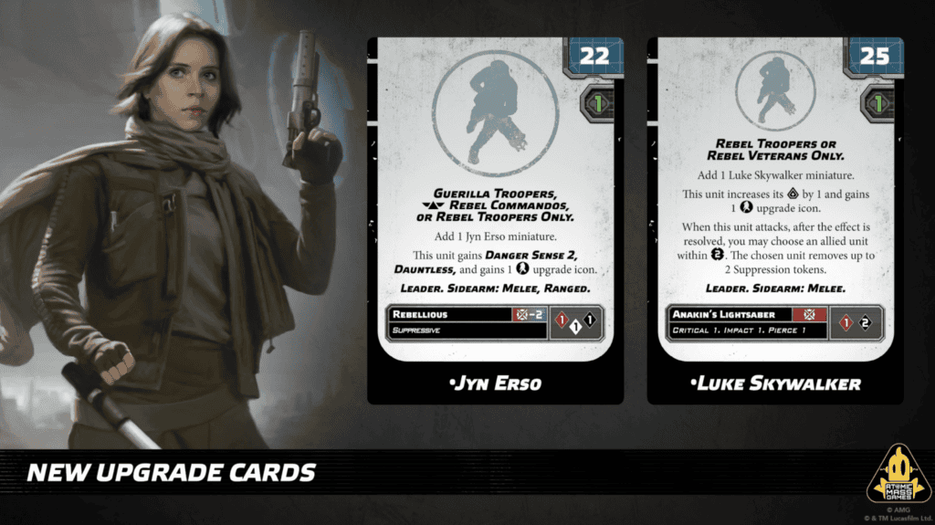 Cartes d'amélioration personnage Jyn Erso et Luke Skywalker intégrables dans les Commandos et Rebel Troopers Rebelles
