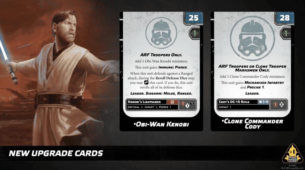 Cartes d'amélioration Obi-Wan Kenobi et Clone Commander Cody dans la MAJ avril 2026, jouables dans les ARF Troopers et Marksmen
