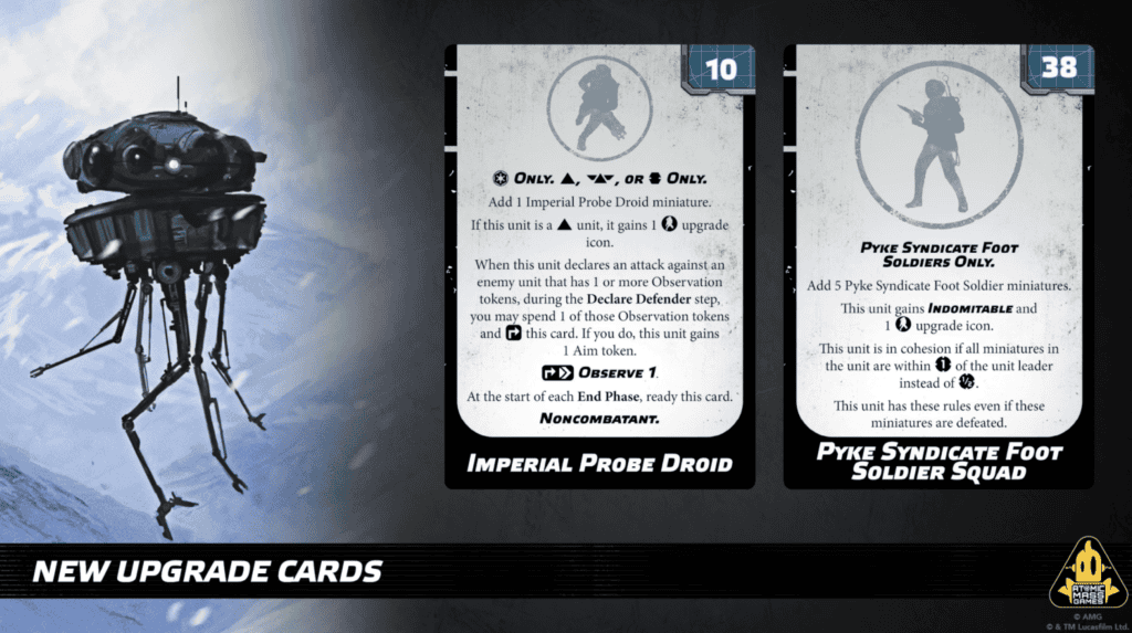 Cartes d'amélioration Imperial Probe Droid et Pyke Syndicate Foot Soldier Squad ajoutées par l'update Star Wars Legion avril 2026