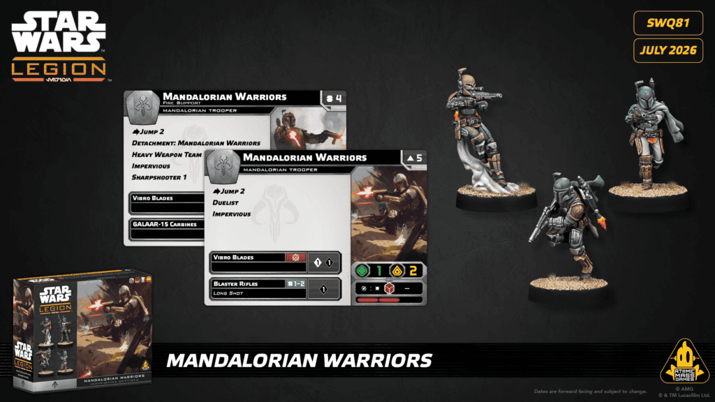 Cartes Mandalorian Warriors Star Wars Legion, profils Initiates Warriors et Fire Support