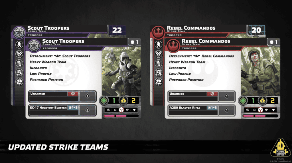 Cartes d'unité refondues des Scout Trooper Strike Team et Rebel Commando Strike Team avec mots-clés Incognito et Prepared Position