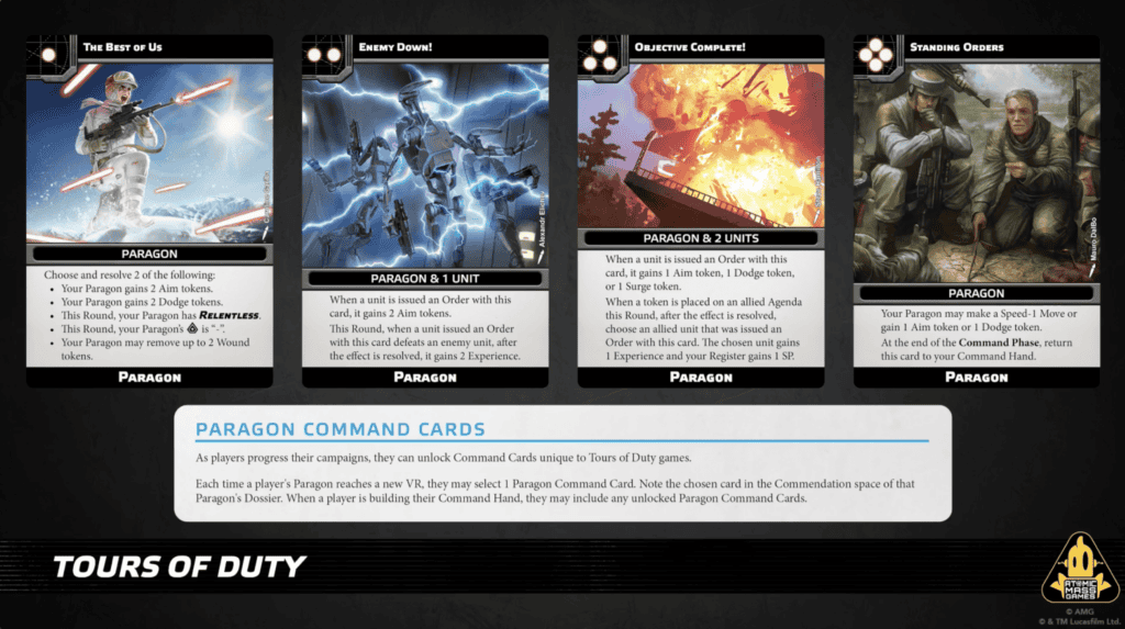 résentation des cartes de commandement Best of Us, Enemy Down, Objective Complete et Standing Orders dédiées au Paragon de Tours of Duty