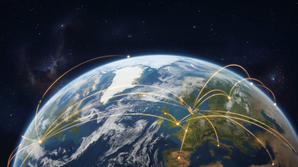 Vue de la Terre avec couloirs aériens convergeant vers le Danemark pour le WTC 2026 Star Wars Legion