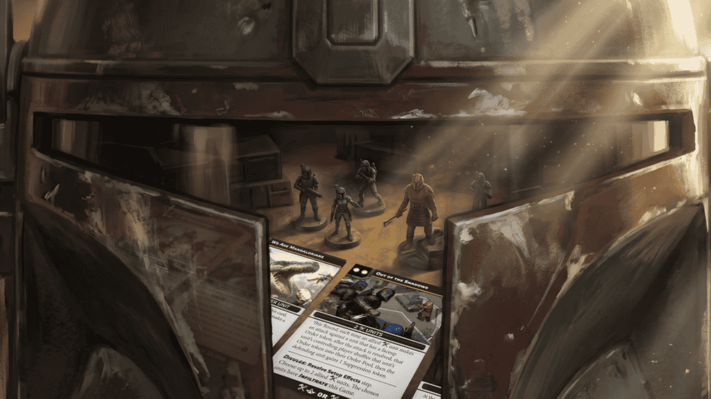 À la découverte des Mandaloriens sur Star Wars Legion : visière mandalorienne reflétant les cartes de la Battle Force