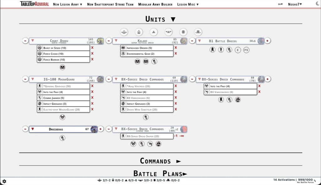 Interface web du builder Tabletop Admiral pour Star Wars Legion