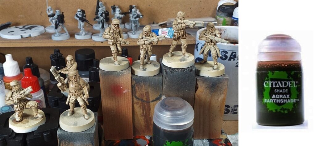 Shoretroopers après le lavis global d'Agrax Earthshade