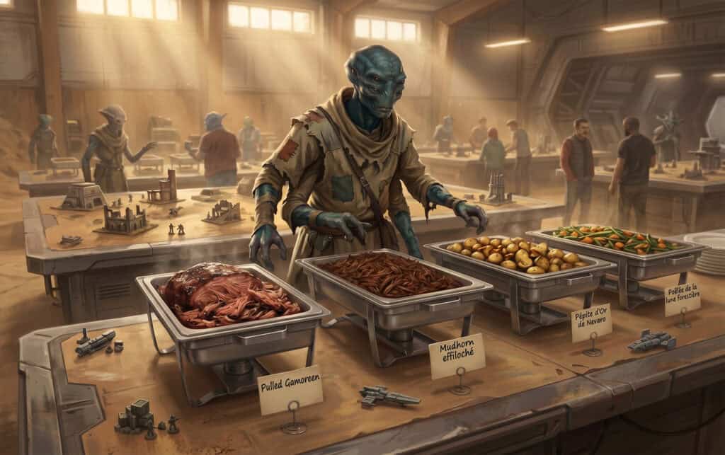 Repas traiteur de la soirée du samedi au Championnat de France Star Wars Legion 2026 : pulled pork, brisket de bœuf, pommes de terre portugaises et poêlée de champignons
