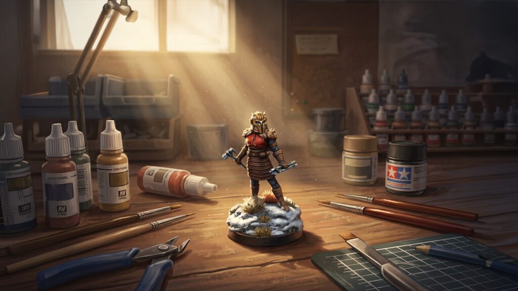 Peindre l'armurière star wars legion, illustration de la figurine sur un établi de peintre