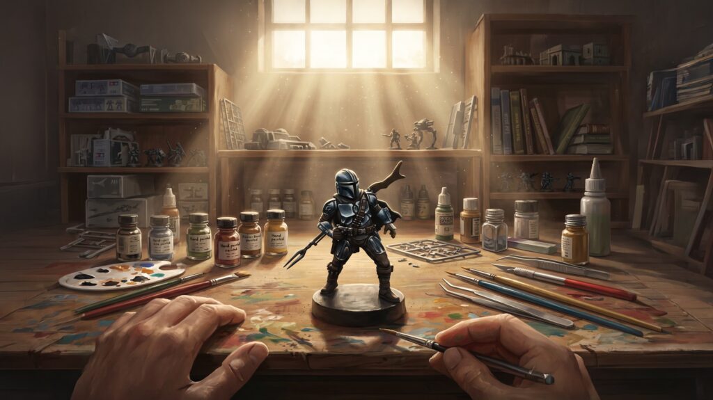 Figurine Din Djarin peinte en NMM à Star Wars Legion sur un établi de peintre, armure Beskar chromée