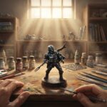 Figurine Din Djarin peinte en NMM à Star Wars Legion sur un établi de peintre, armure Beskar chromée