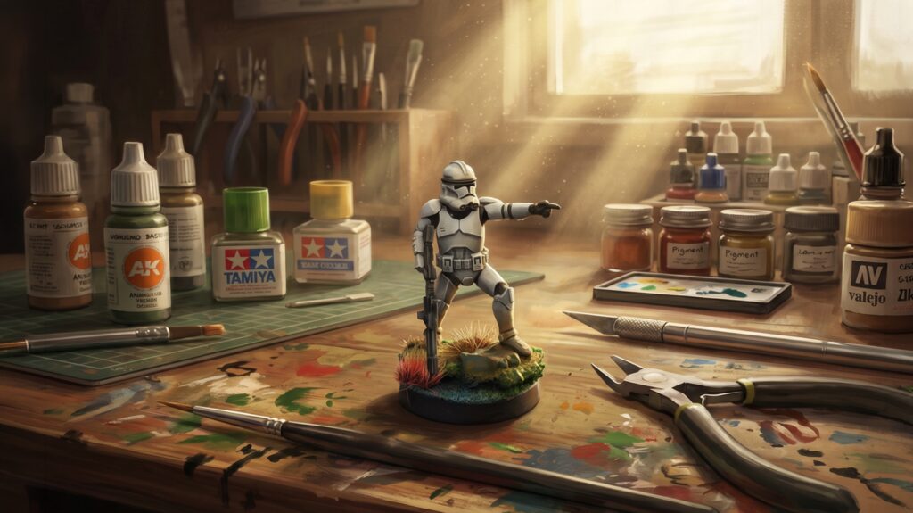 Illustration du tuto peindre les clones Star Wars Legion, un clone trooper peint sur l'établi entre pots de peinture et pinceaux