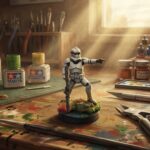 Illustration du tuto peindre les clones Star Wars Legion, un clone trooper peint sur l'établi entre pots de peinture et pinceaux