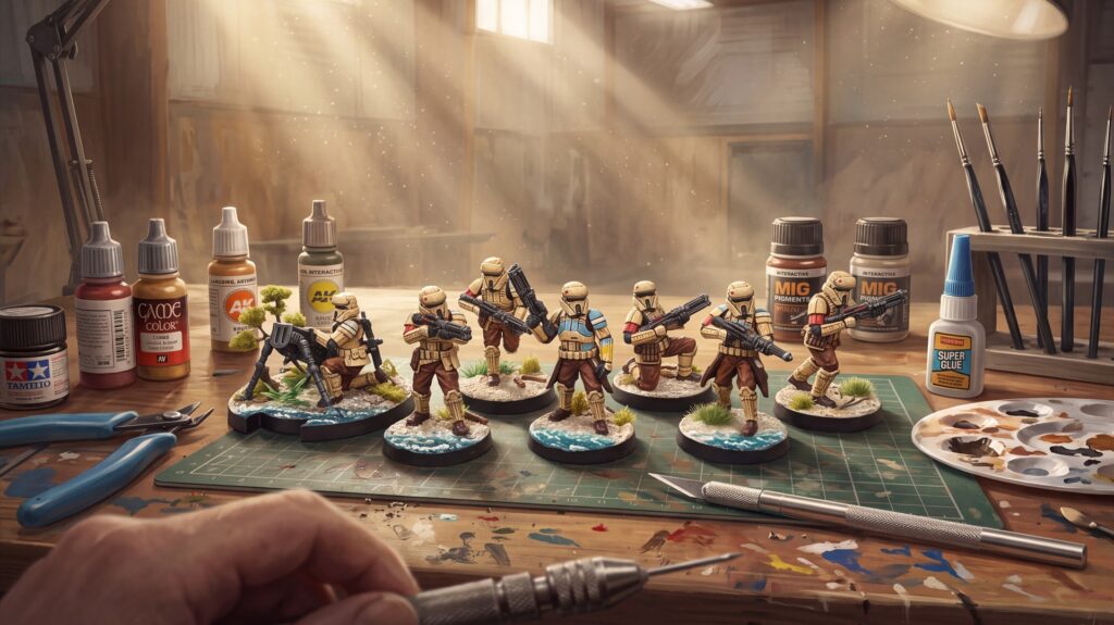 Illustration du tuto peindre les Shoretroopers Star Wars Legion, l'escouade peinte sur l'établi entre pots de peinture et pinceaux