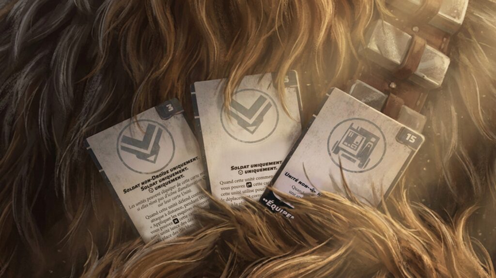 Upgrade Card Pack 2 Star Wars Legion, nouvelles cartes d'amélioration posées sur la fourrure d'un Wookie