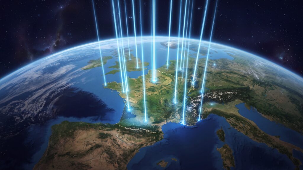 Illustration du guide où jouer à Star Wars Legion : la France vue de l'espace, des faisceaux lumineux marquant les villes où le jeu se pratique