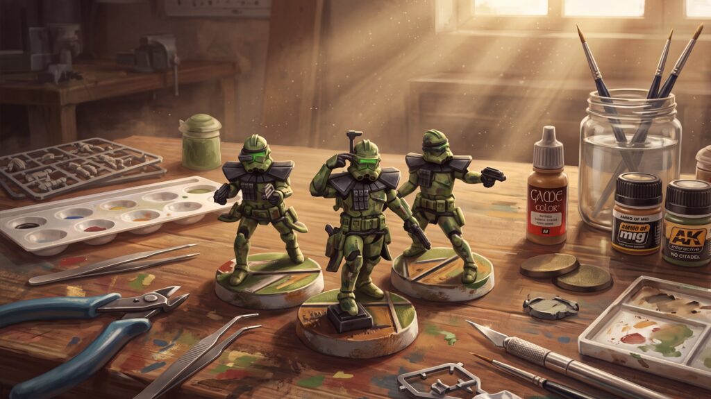 Illustration du tuto peindre les ARC Troopers Star Wars Legion, le trio au camouflage de la 41e sur l'établi entre pots de peinture et pinceaux