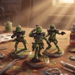 Illustration du tuto peindre les ARC Troopers Star Wars Legion, le trio au camouflage de la 41e sur l'établi entre pots de peinture et pinceaux
