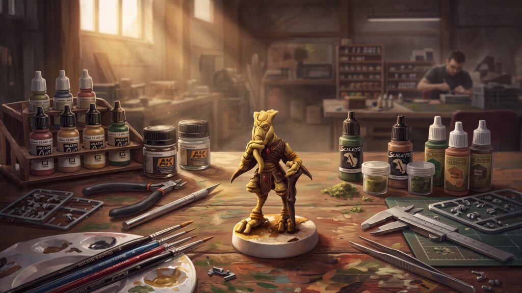 Illustration du tuto peindre Poggle Star Wars Legion, la figurine du commandant géonosien sur l'établi entre pots de peinture et pinceaux