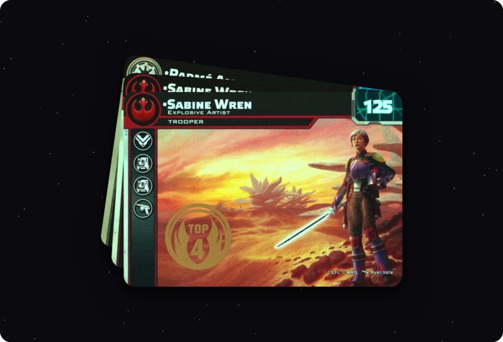 Éventail de cartes promo du Kit 5 de Star Wars Legion, la Sabine Wren Top 4 devant