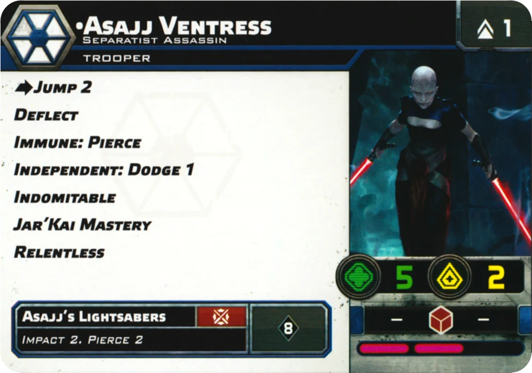 Verso de la carte Asajj Ventress, Separatist Assassin : profil de l'unité Star Wars: Legion