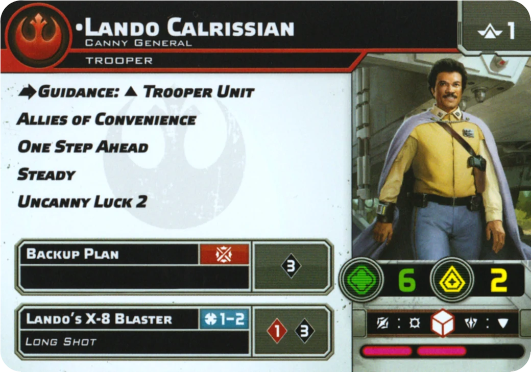 Verso de la carte Lando Calrissian, Canny General : profil de l'unité Star Wars: Legion