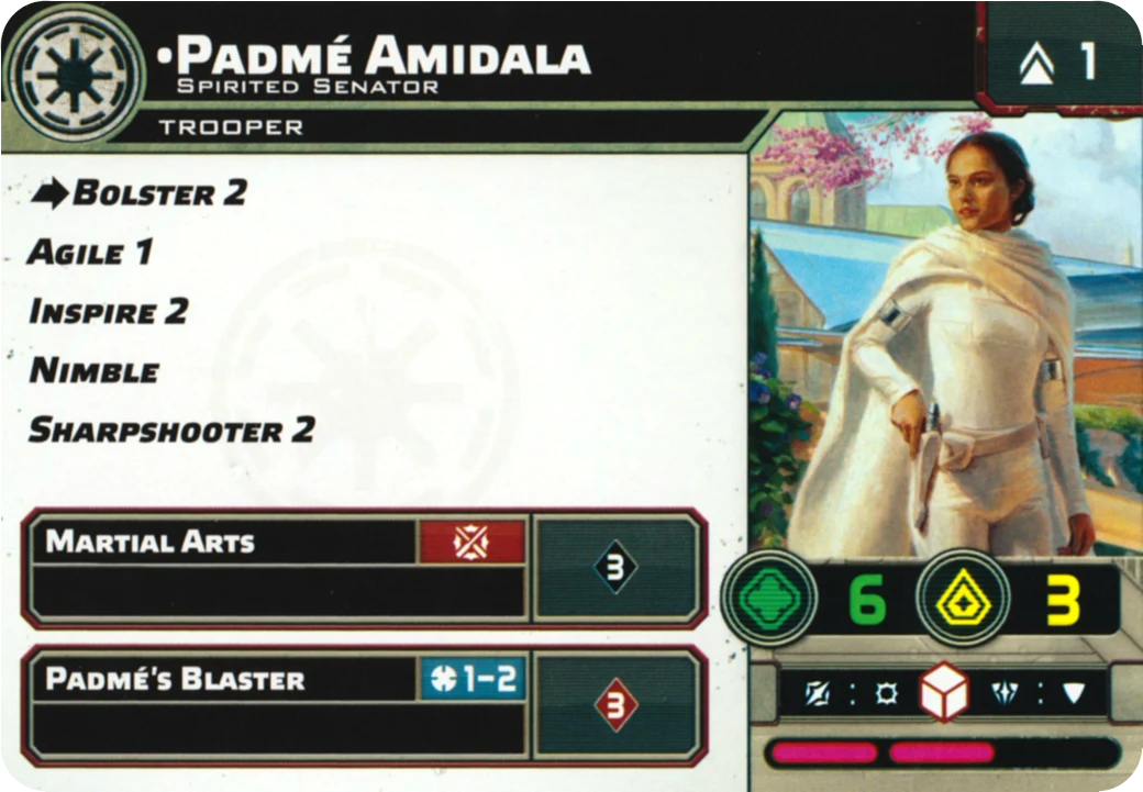 Verso de la carte Padmé Amidala, Spirited Senator : profil de l'unité Star Wars: Legion