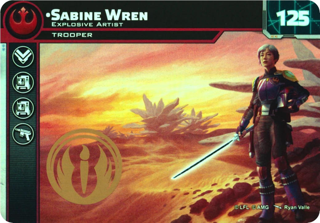 Carte Sabine Wren « peinture » du Store League / Tournament Kit 5 de Star Wars: Legion : recto foil et médaillon en dorure à chaud