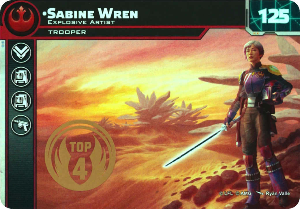 Carte Sabine Wren Top 4 du Store League / Tournament Kit 5 de Star Wars: Legion : recto foil et médaillon en dorure à chaud