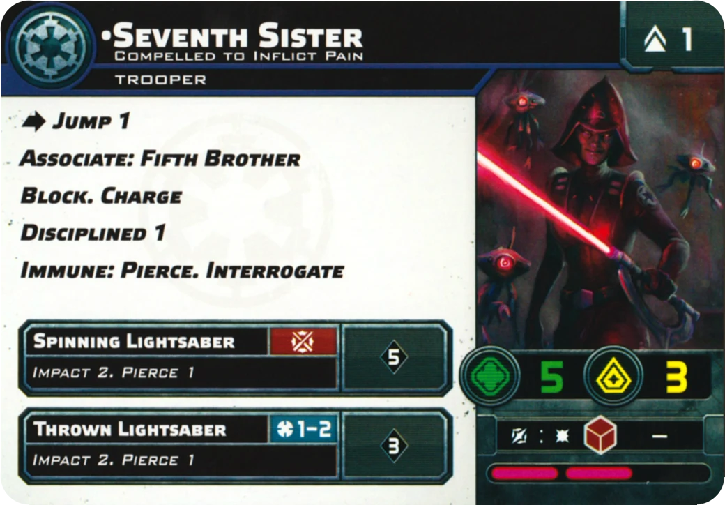 Verso de la carte Seventh Sister, Compelled to Inflict Pain : profil de l'unité Star Wars: Legion